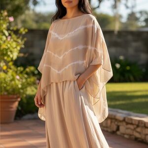 Bella France Top Sheer with Underlay Beige White Mid-Sleeve